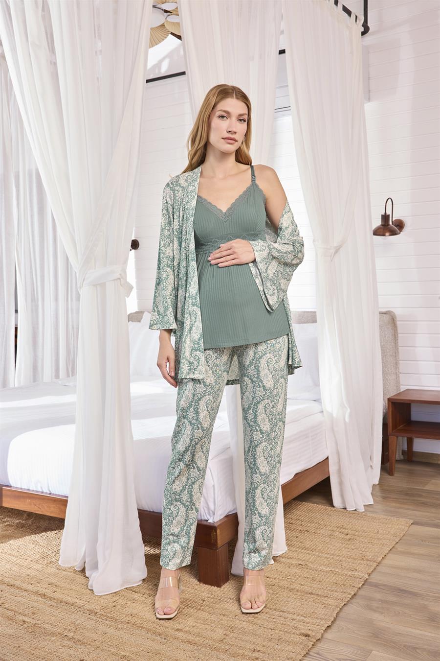 Etnik Desenli ve Dantelli Hamile Lohusa 3lü Pijama Takımı