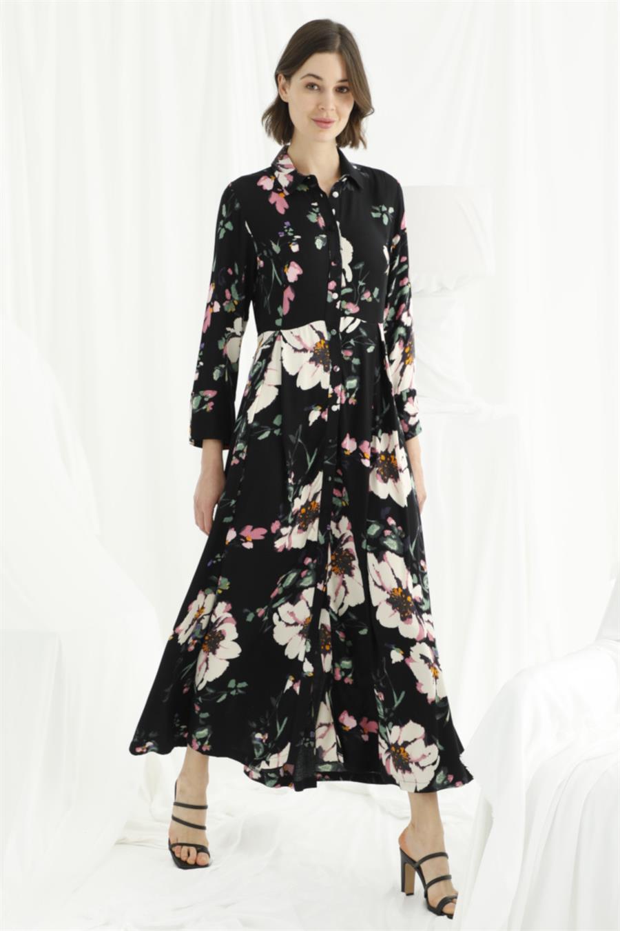 Çiçek ve Yaprak Desenli Önü Boydan Düğmeli Saten Elbise