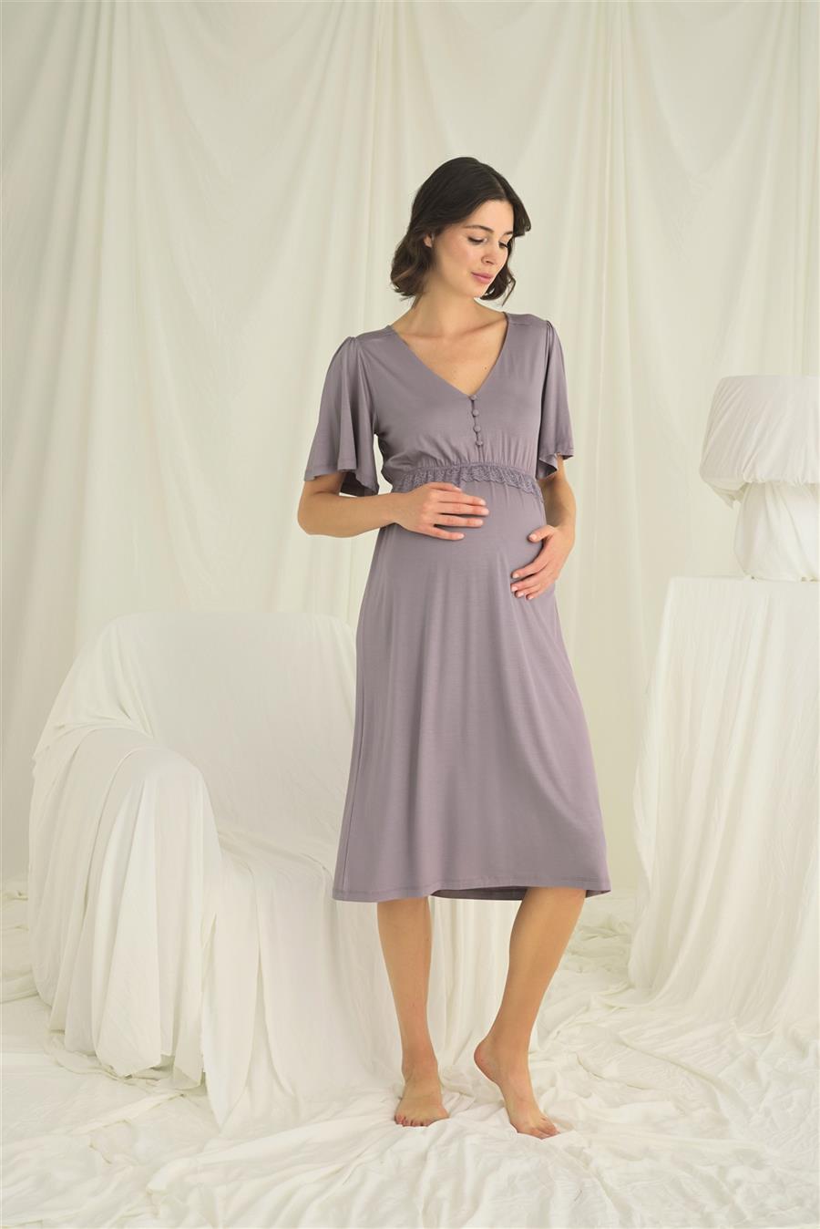 Dantelli Önü Düğmeli Hamile Lohusa Gecelik