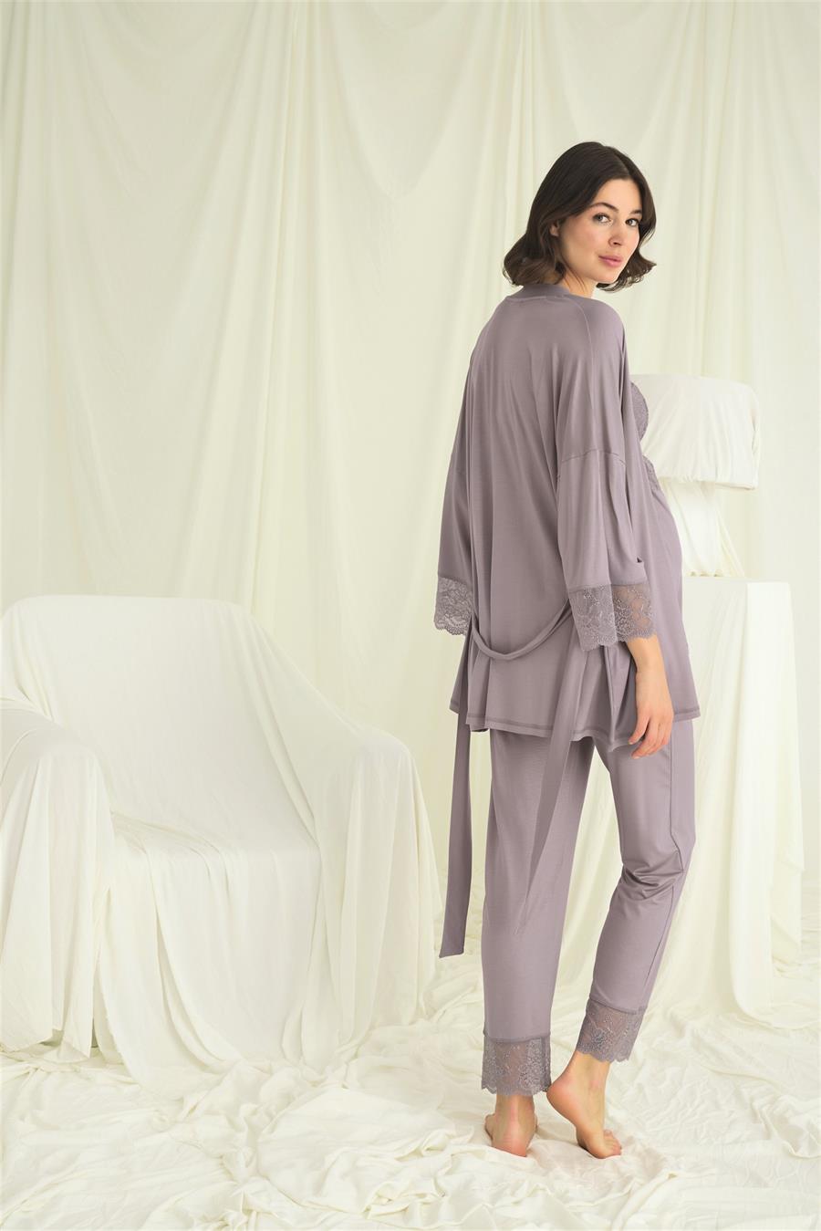 Dantelli Hamile Lohusa 3lü Pijama Takımı