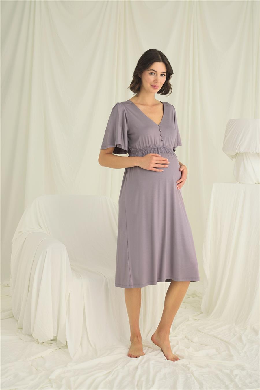 Dantelli Önü Düğmeli Hamile Lohusa Gecelik