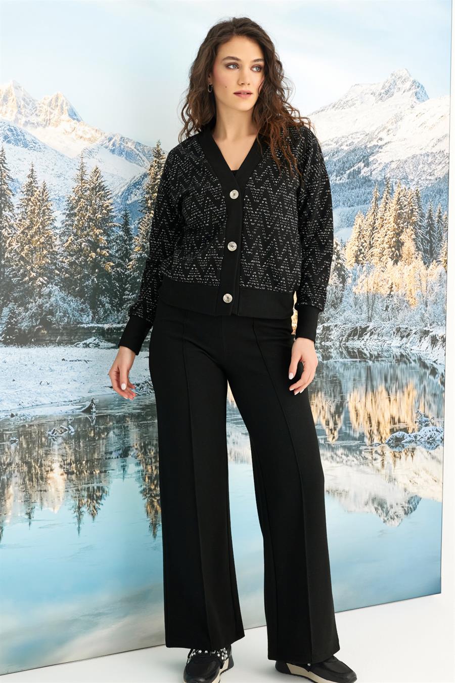 Desenli Önü Düğmeli Uzun Kollu 3lü Alt Üst Takım