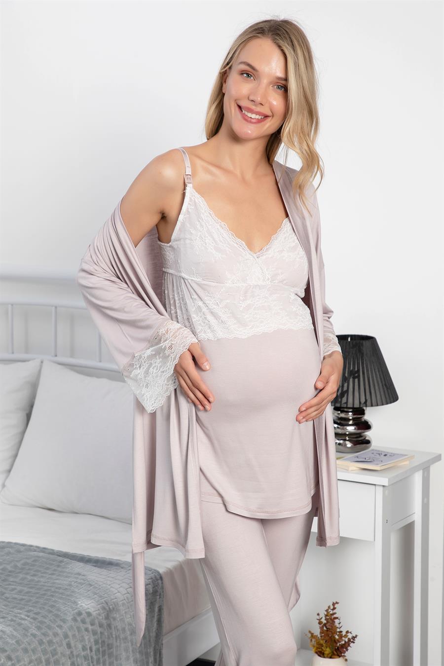Dantelli Hamile Lohusa 3lü Pijama Takımı