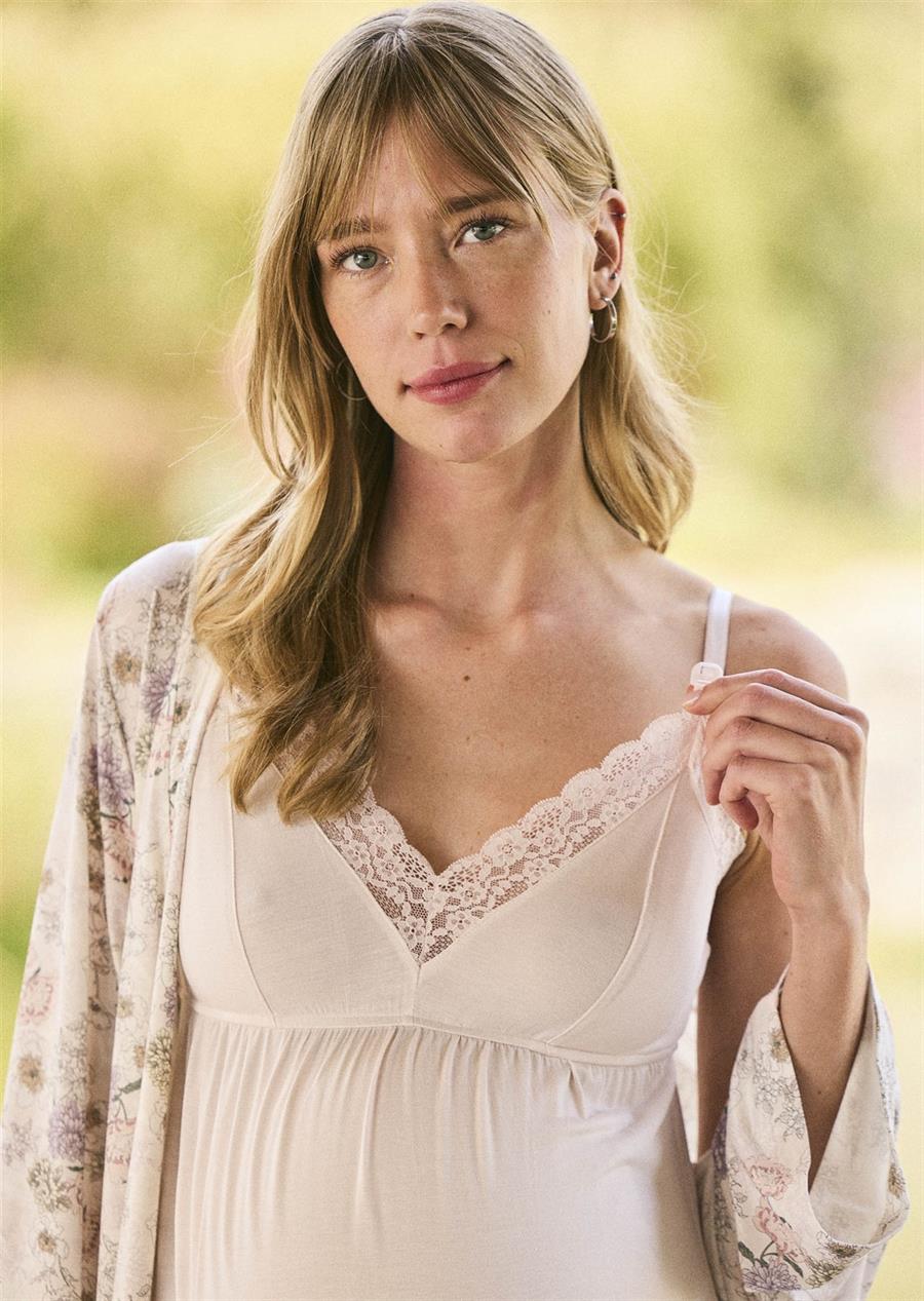 Çiçek Desenli Dantelli Hamile Lohusa Sabahlık Takımı