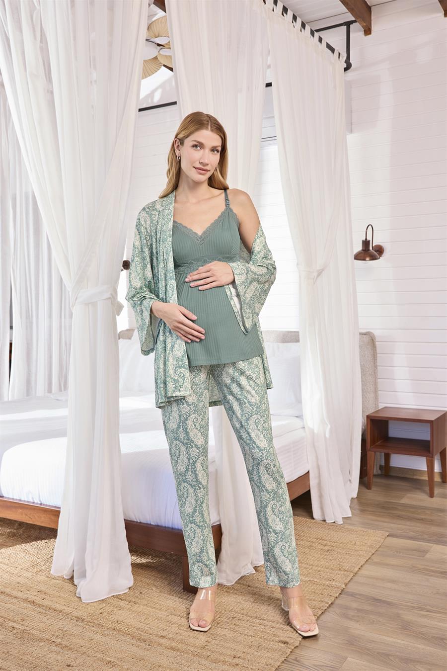 Etnik Desenli ve Dantelli Hamile Lohusa 3lü Pijama Takımı