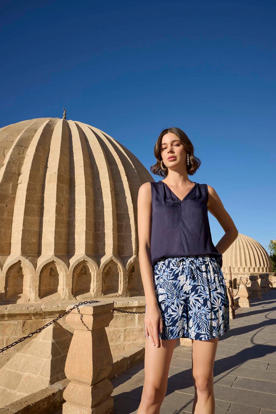 Yaprak Desenli Sıfır Kol Saten Alt Üst Takım