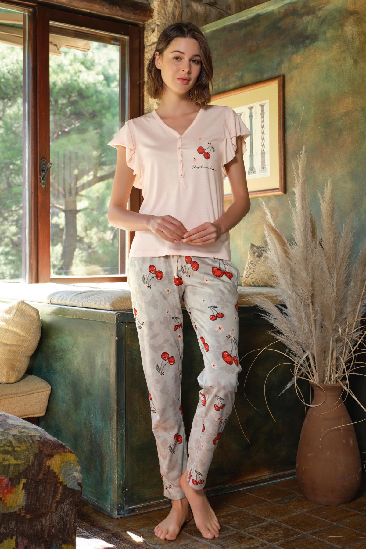 Kiraz Baskılı ve Desenli "Cherry" Pijama Takımı 22089 | Monamise