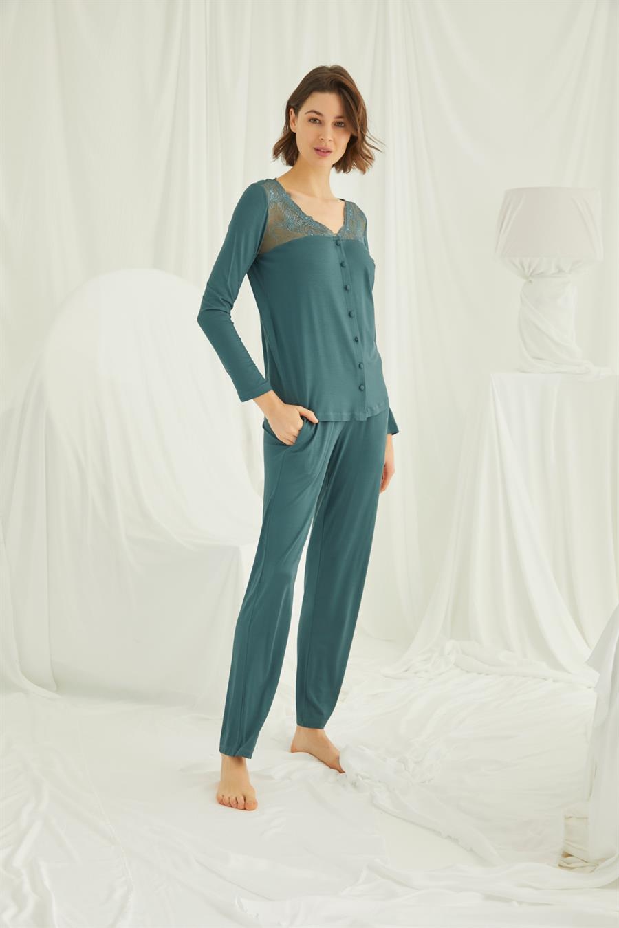Yakası ve Omzu Dantelli Önü Boydan Düğmeli Pijama Takımı 19307 | Monamise