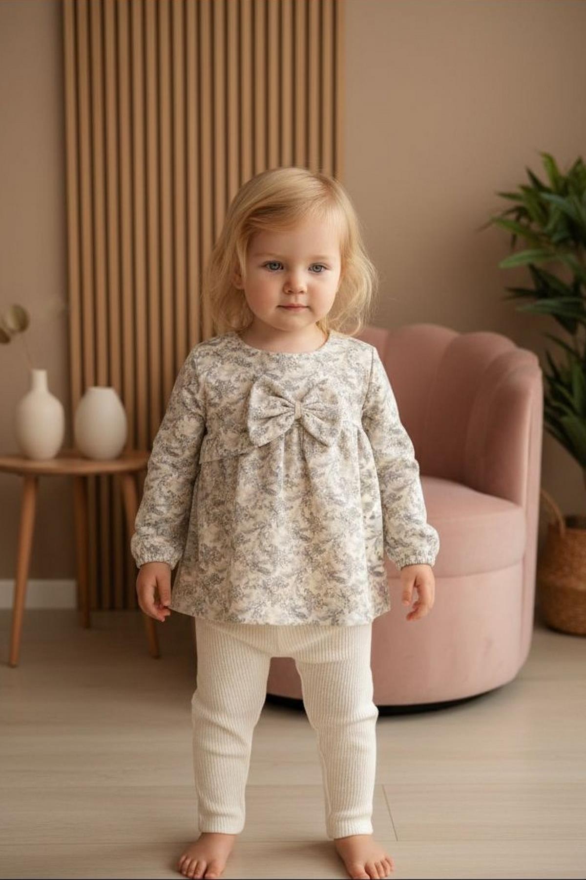 Çiçek Desenli Alt Üst Kız Bebek Takım Bej
