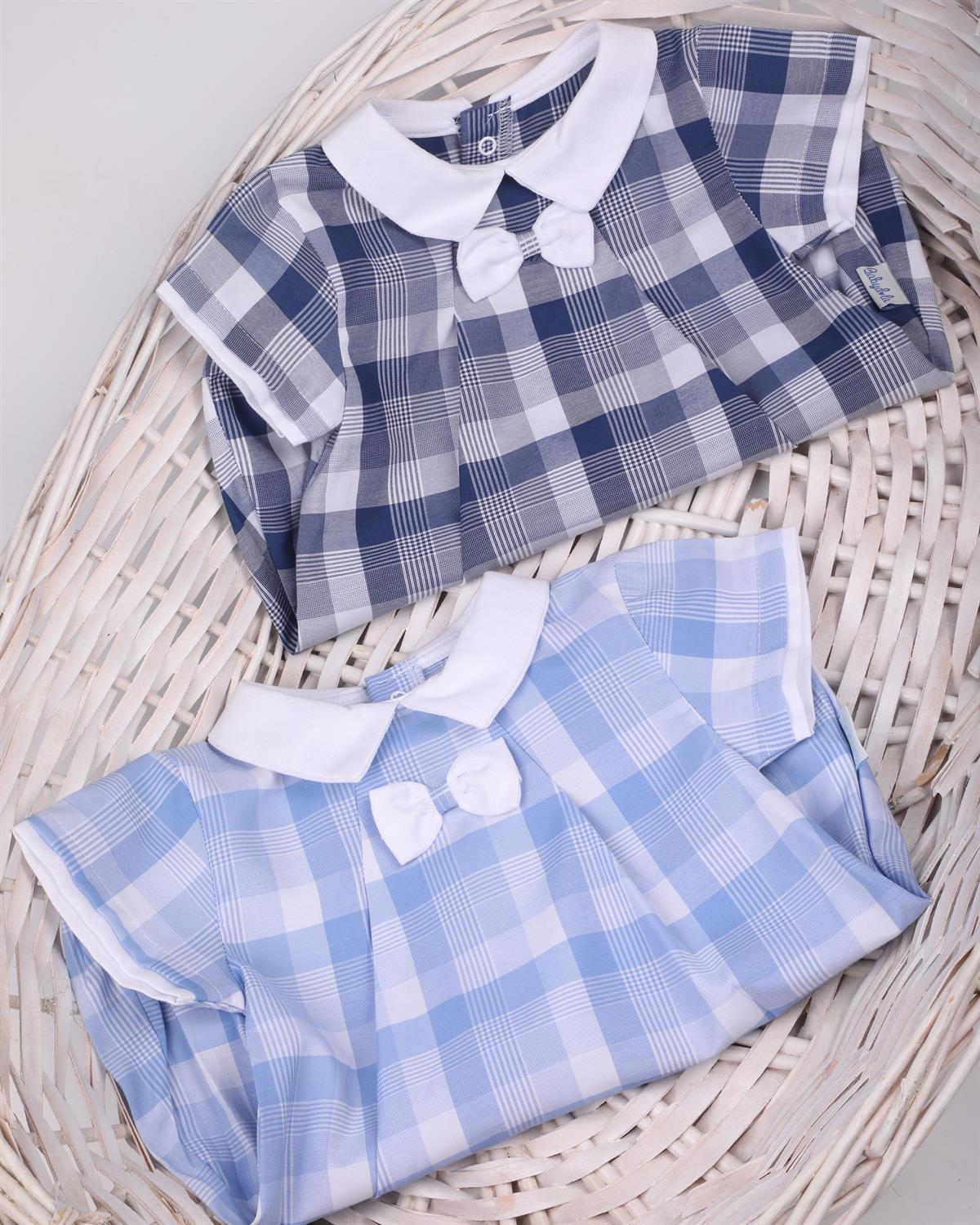 Ekoseli Şort Tulum Mavi