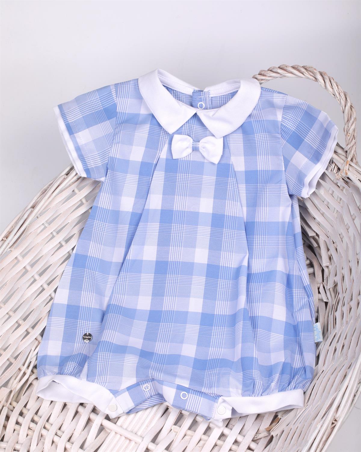 Ekoseli Şort Tulum Mavi