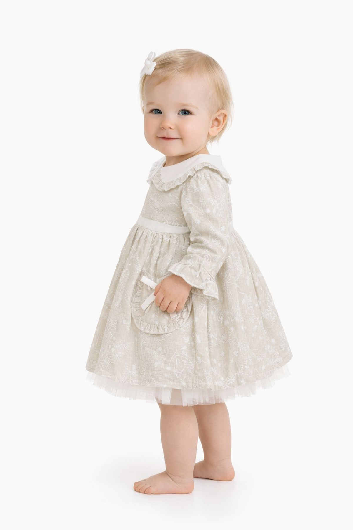 İşleme Detaylı Kız Bebek Elbise Vizon