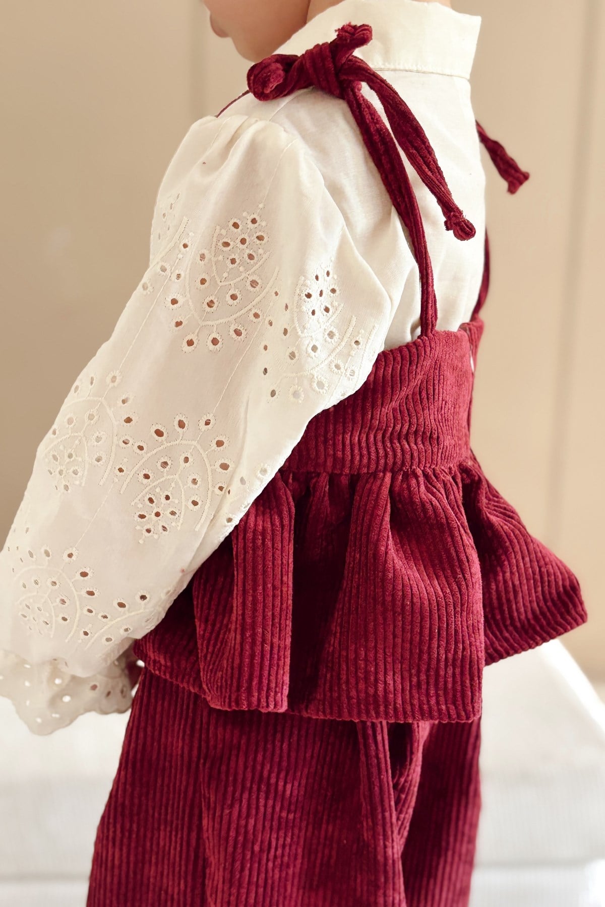 Kadife 3lü Takım Gömlek Bluz Pantolon Bordo