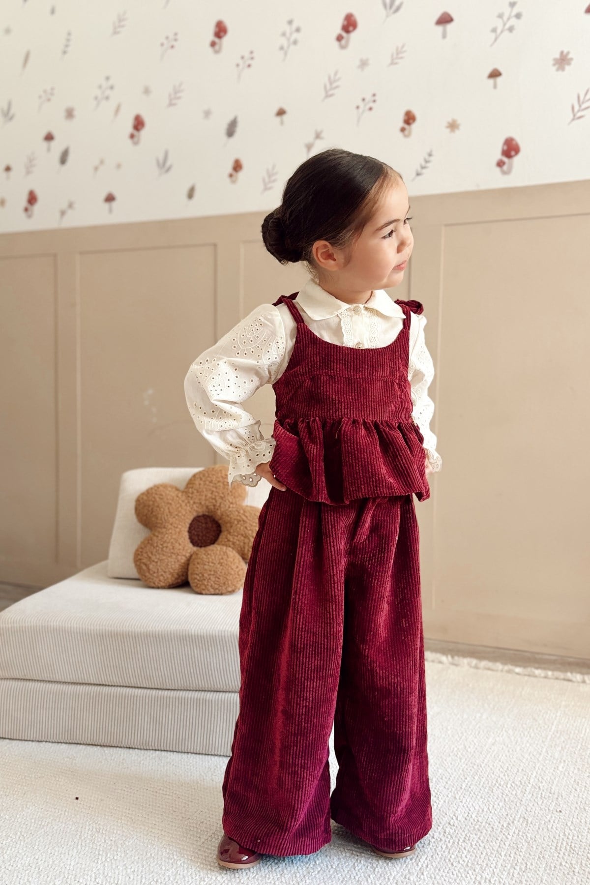 Kadife 3lü Takım Gömlek Bluz Pantolon Bordo