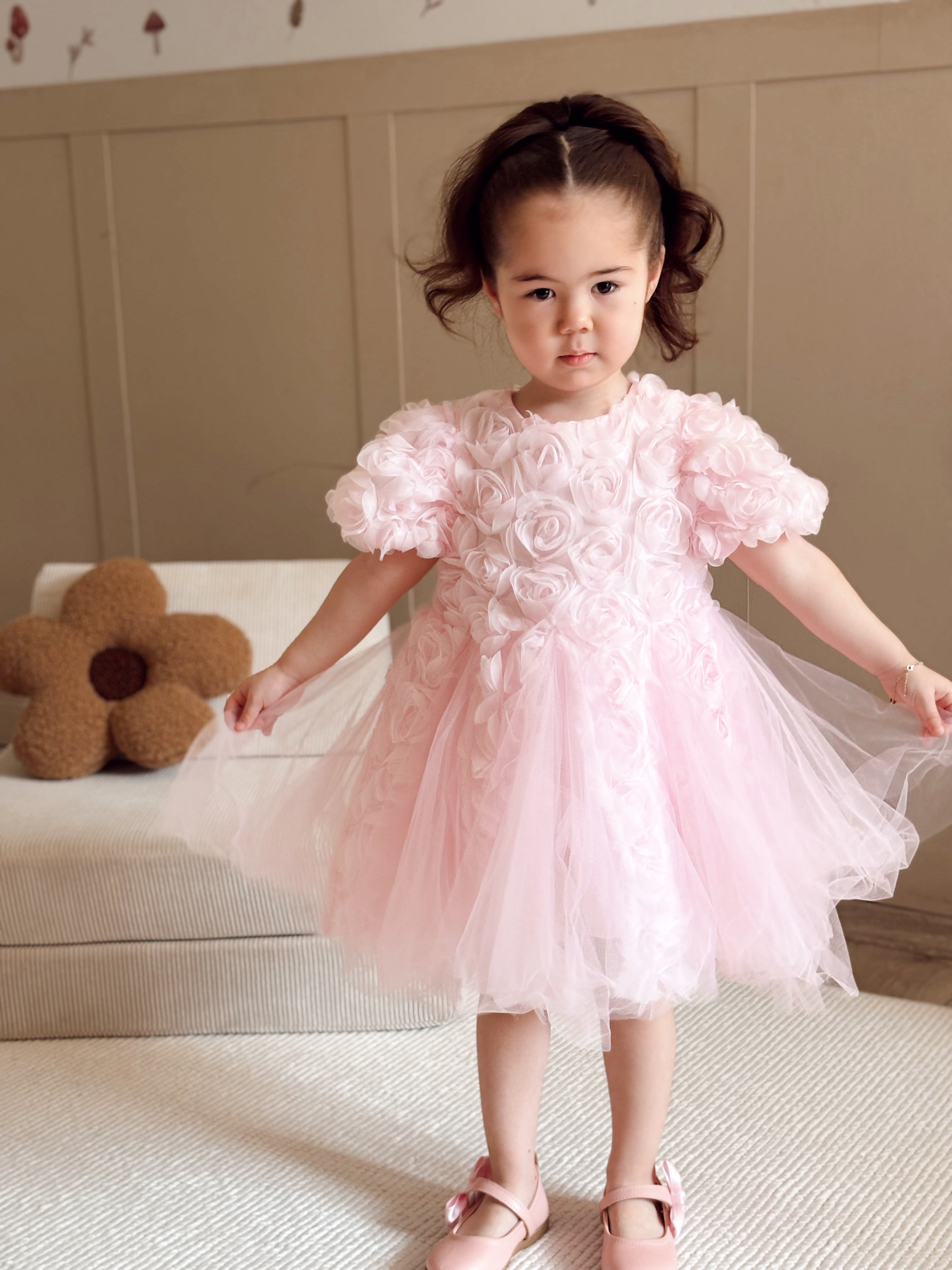 Özel Seri Gül Aplikeli Prenses Elbise Pembe