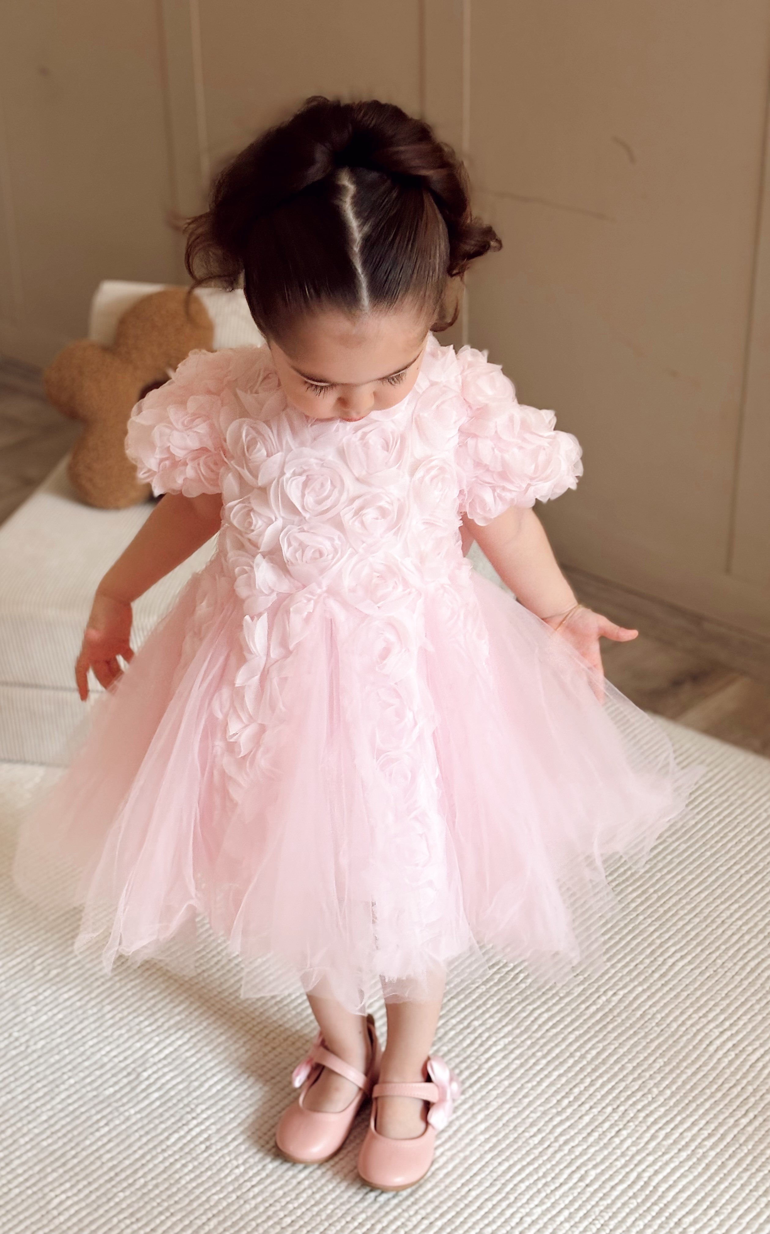 Özel Seri Gül Aplikeli Prenses Elbise Pembe