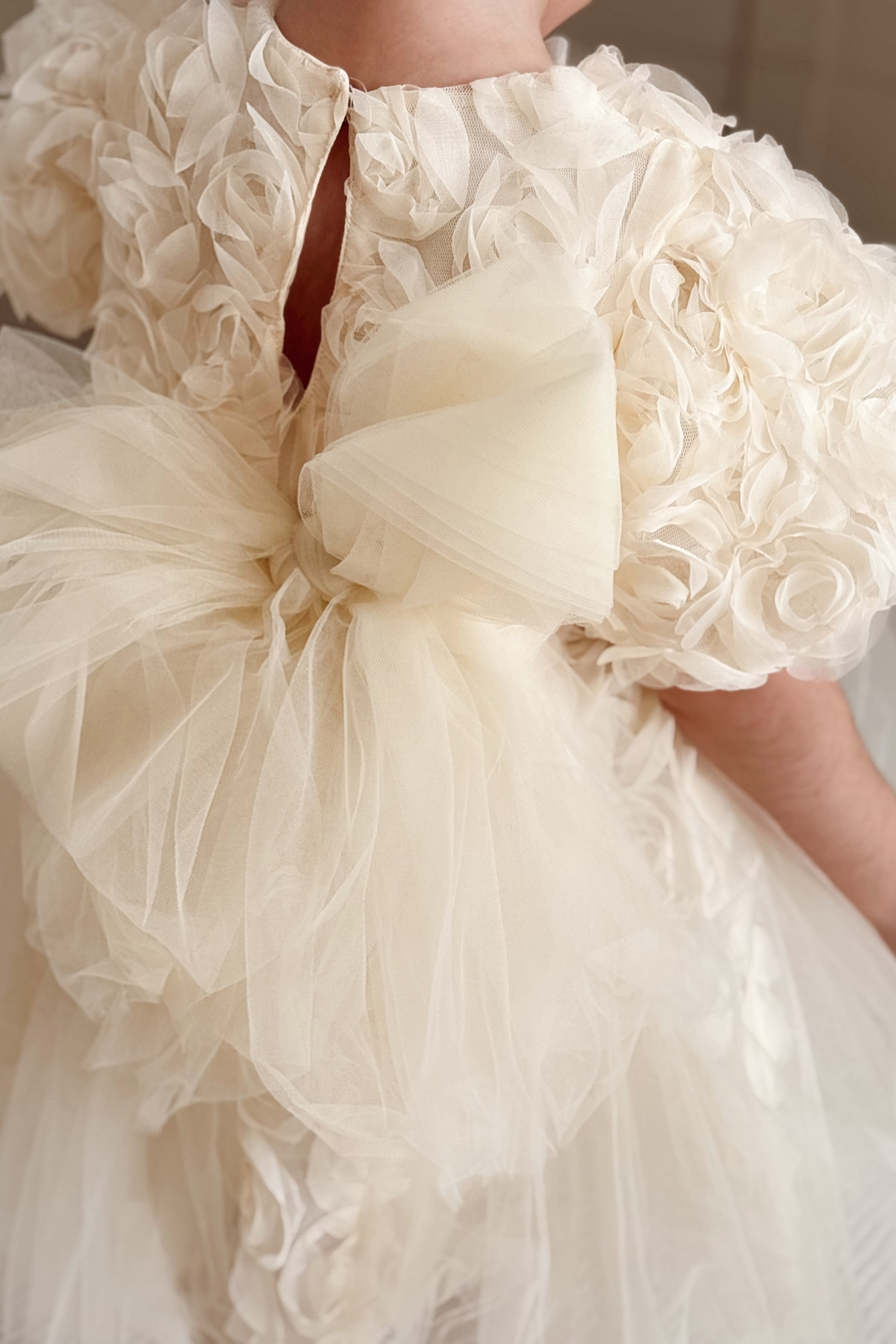 Özel Seri Gül Aplikeli Prenses Elbise Krem