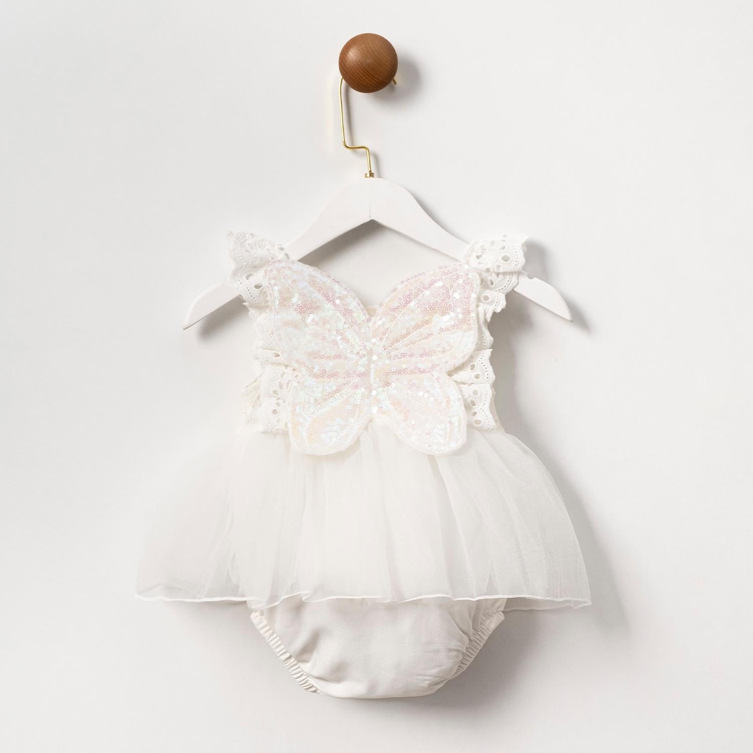 Payet Kanatlı Kız Bebek Romper Beyaz