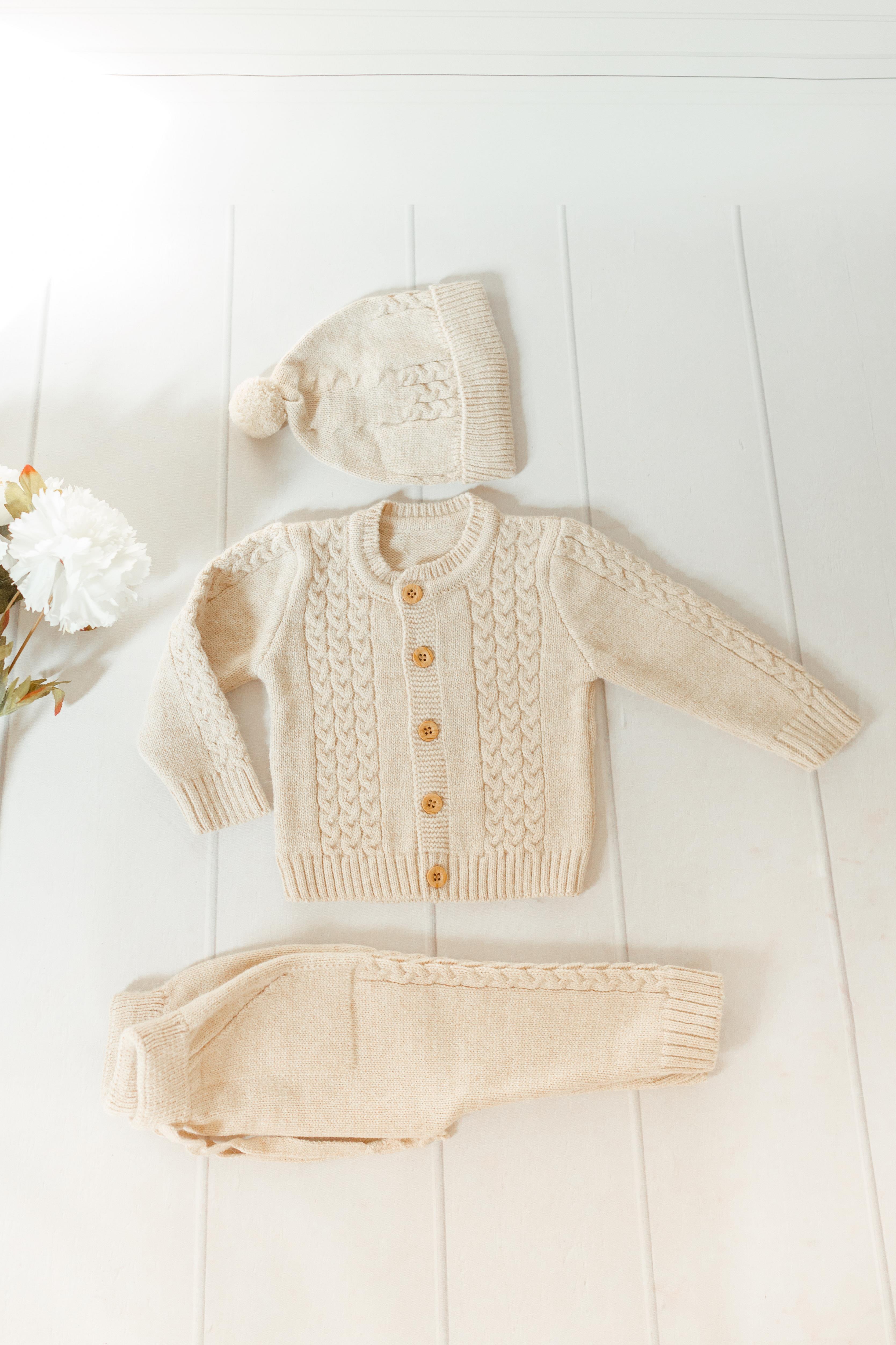 Saç Örgü Triko Bereli Alt Üst Takım Bej