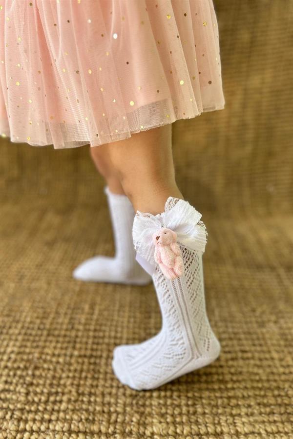 Ayıcık Aksesuarlı Dizaltı Çorap Beyaz Renk Okul Çorapları