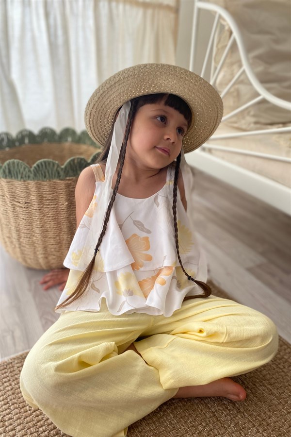 Çiçek Desen Bluz Keten Pantolon Takım Sarı