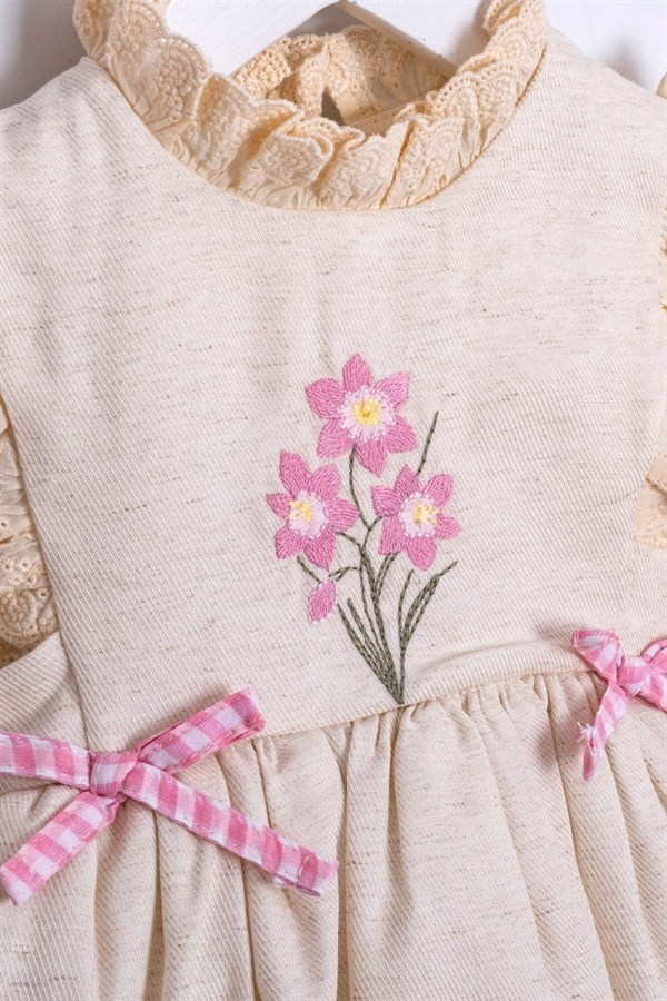 Çiçek Nakışlı Dantel Detaylı Elbise Bej