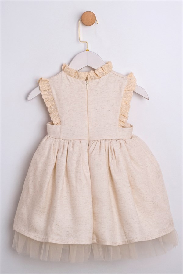 Çiçek Nakışlı Dantel Detaylı Elbise Bej