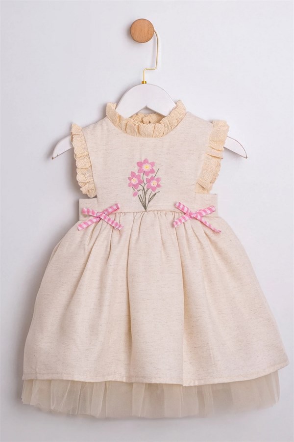 Çiçek Nakışlı Dantel Detaylı Elbise Bej