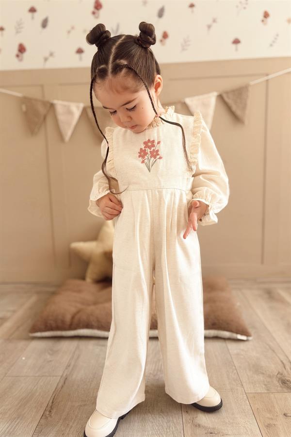 Çiçek Nakışlı Dantel Detaylı Tulum Bej