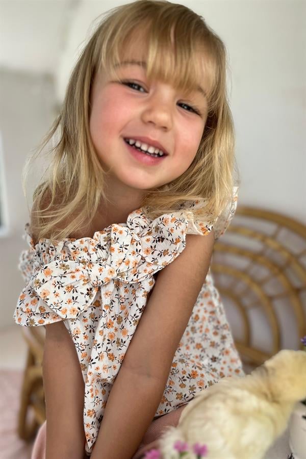 Çiçekli Dokuma Kız Çocuk Bluz Bej