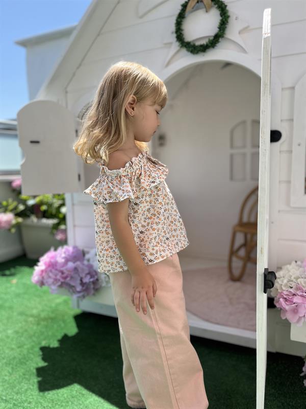 Çiçekli Dokuma Kız Çocuk Bluz Bej