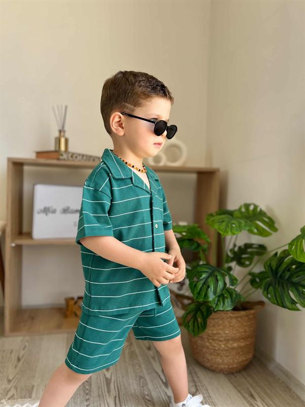 Çizgili Erkek Bebek T-shirt Şort Takım Yeşil