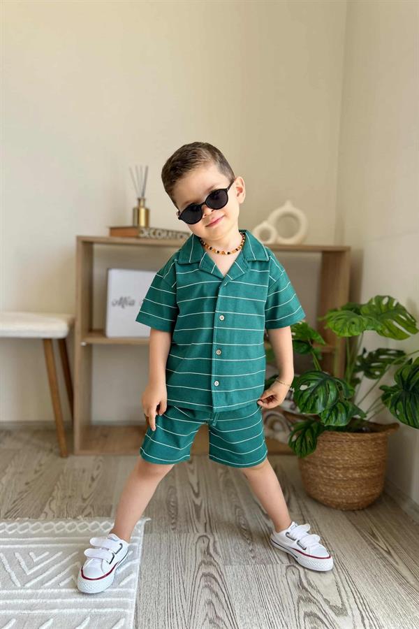 Çizgili Erkek Bebek T-shirt Şort Takım Yeşil