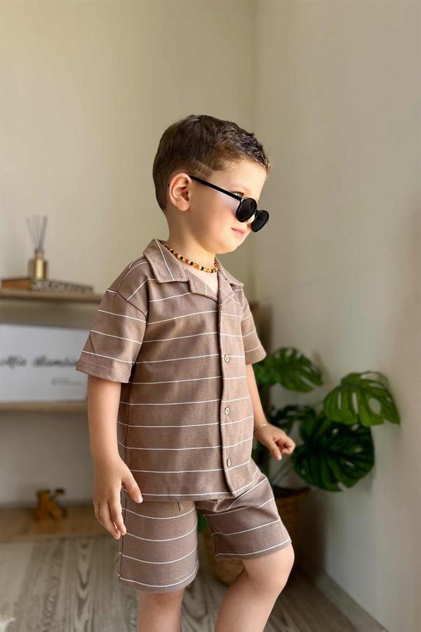 Çizgili Erkek Bebek T-shirt Şort Takım Kahverengi