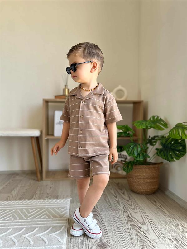 Çizgili Erkek Bebek T-shirt Şort Takım Kahverengi