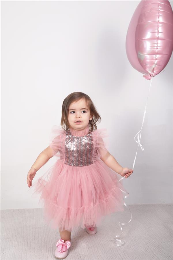 Daniel Kolları Fırfırlı Payetli Kız Çocuk Özel Gün Elbisesi Pembe