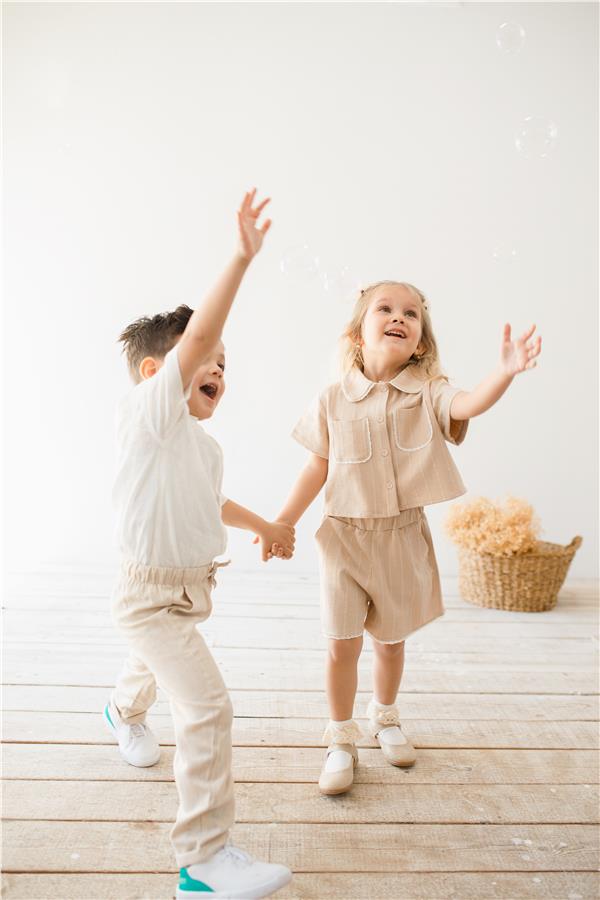 Dantel Detaylı Kız Çocuk Gömlek Şort Takım Bej