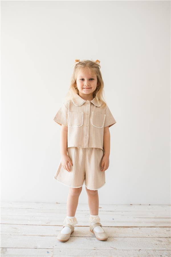 Dantel Detaylı Kız Çocuk Gömlek Şort Takım Bej