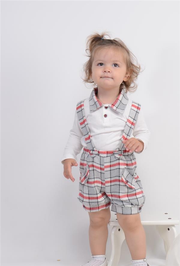 Ekose Desen 2li Erkek Çocuk Salopet Takım Beyaz