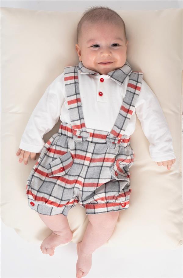 Ekose Desen 2li Erkek Çocuk Salopet Takım Beyaz