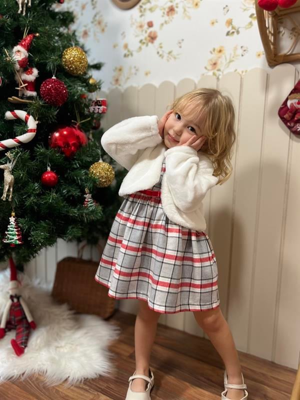 Ekose Desen 2li Kız Çocuk Kürklü Jile Takım Beyaz