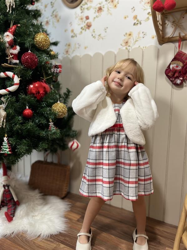 Ekose Desen 2li Kız Çocuk Kürklü Jile Takım Beyaz