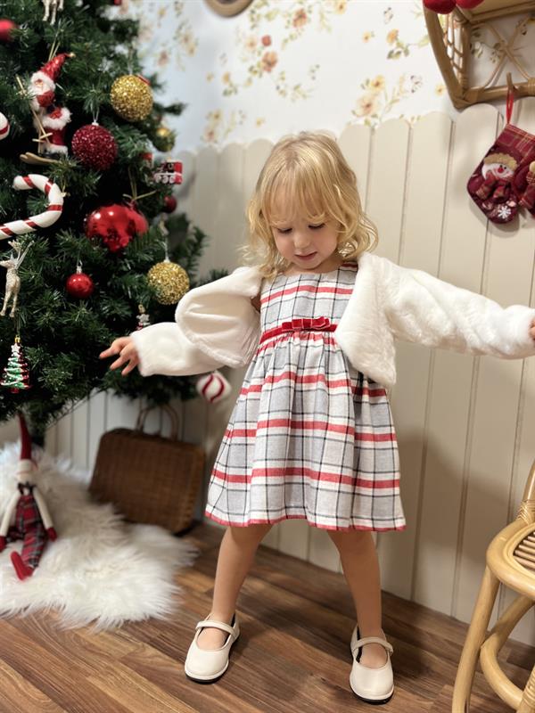 Ekose Desen 2li Kız Çocuk Kürklü Jile Takım Beyaz