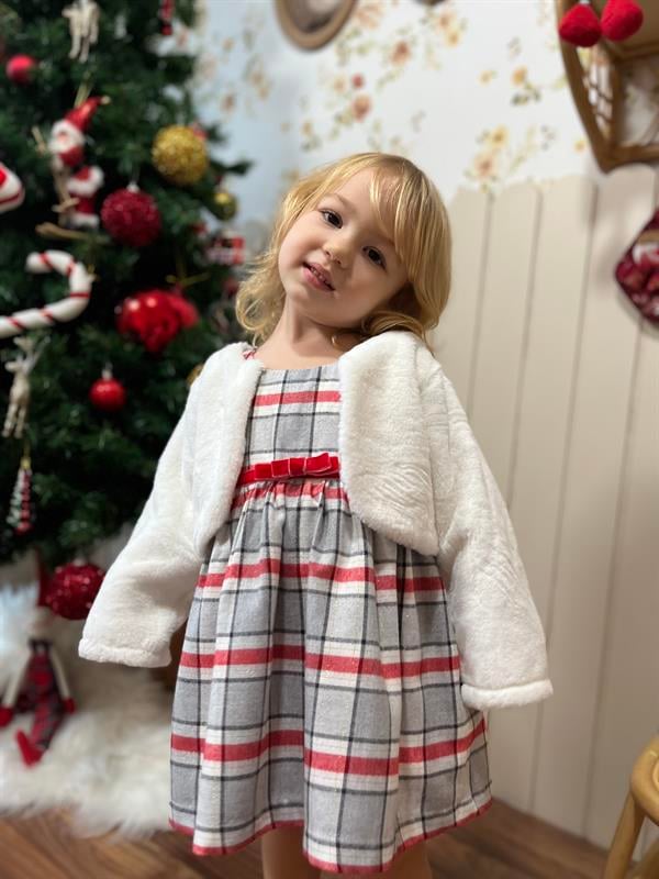 Ekose Desen 2li Kız Çocuk Kürklü Jile Takım Beyaz