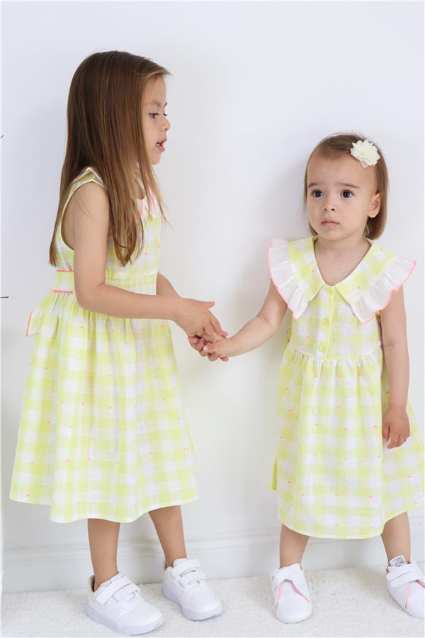 Ekose Desen Yakası Fırfırlı Kız Bebek Elbise Sarı