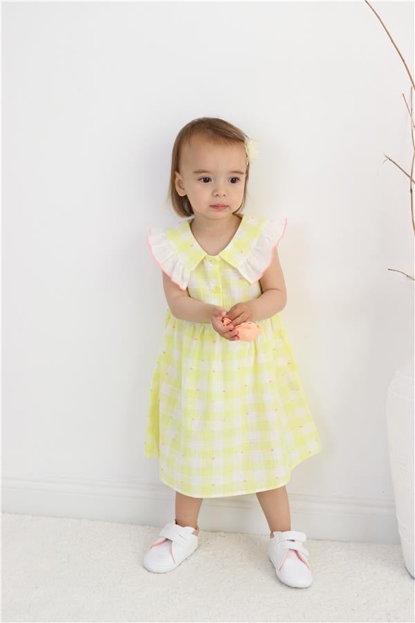 Ekose Desen Yakası Fırfırlı Kız Bebek Elbise Sarı