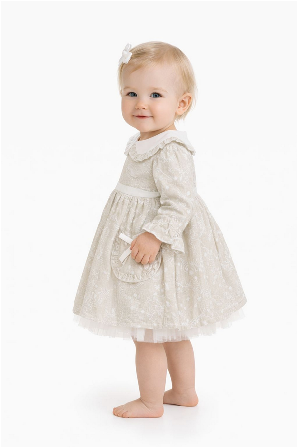 İşleme Detaylı Kız Bebek Elbise Vizon