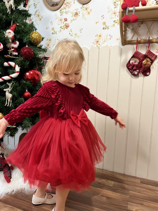 Kadife Kabarık Etekli Kız Çocuk Elbise Kırmızı