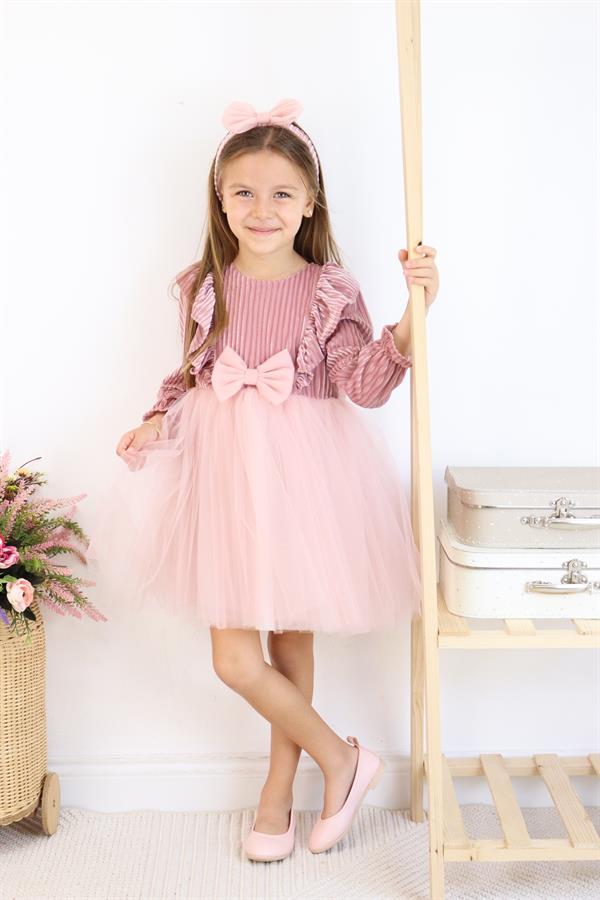 Kadife Kabarık Etekli Kız Çocuk Elbise Pembe