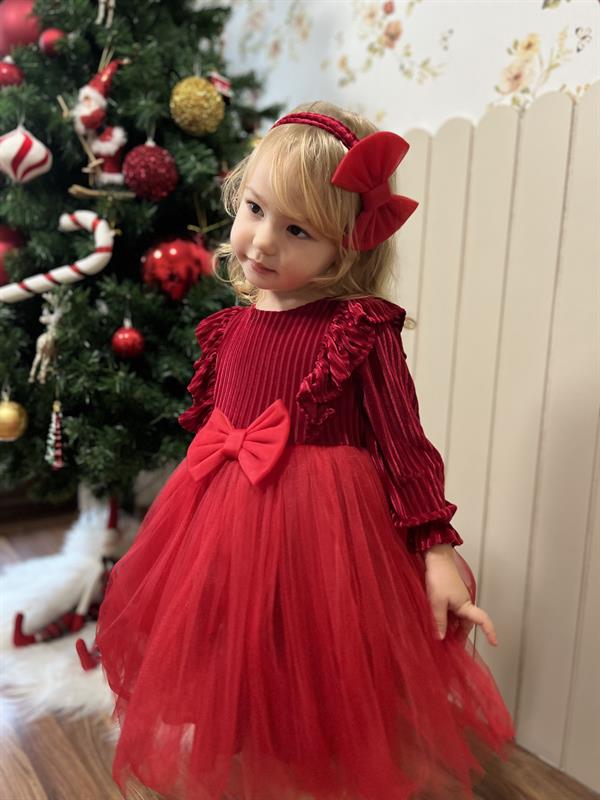 Kadife Kabarık Etekli Kız Çocuk Elbise Kırmızı